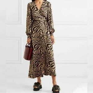 Ganni Tiger Print Crepe Wrap Midi Dress